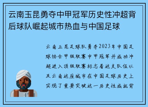 云南玉昆勇夺中甲冠军历史性冲超背后球队崛起城市热血与中国足球